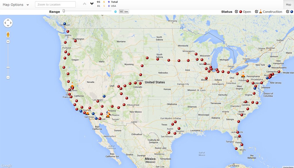 Interaktive Karte zeigt Supercharger-Stationen > Teslamag.de