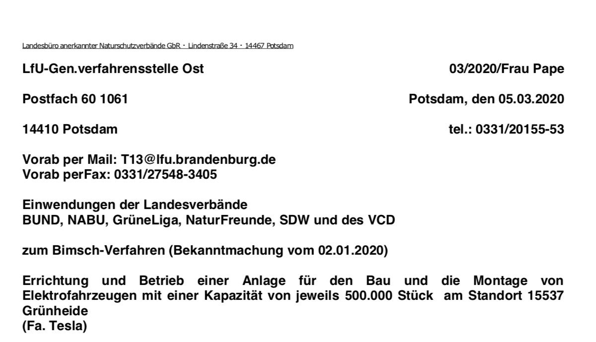 einwendung verbände tesla gigafactory grünheide