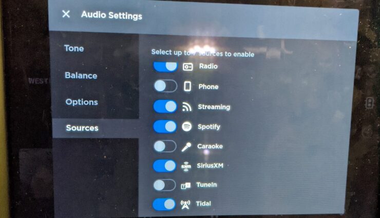 tesla software screenshot audio setting tidal
