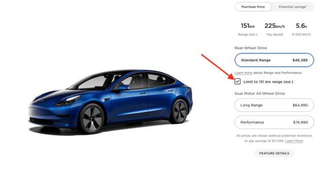 tesla model-3 sr kanada 151 km reichweite