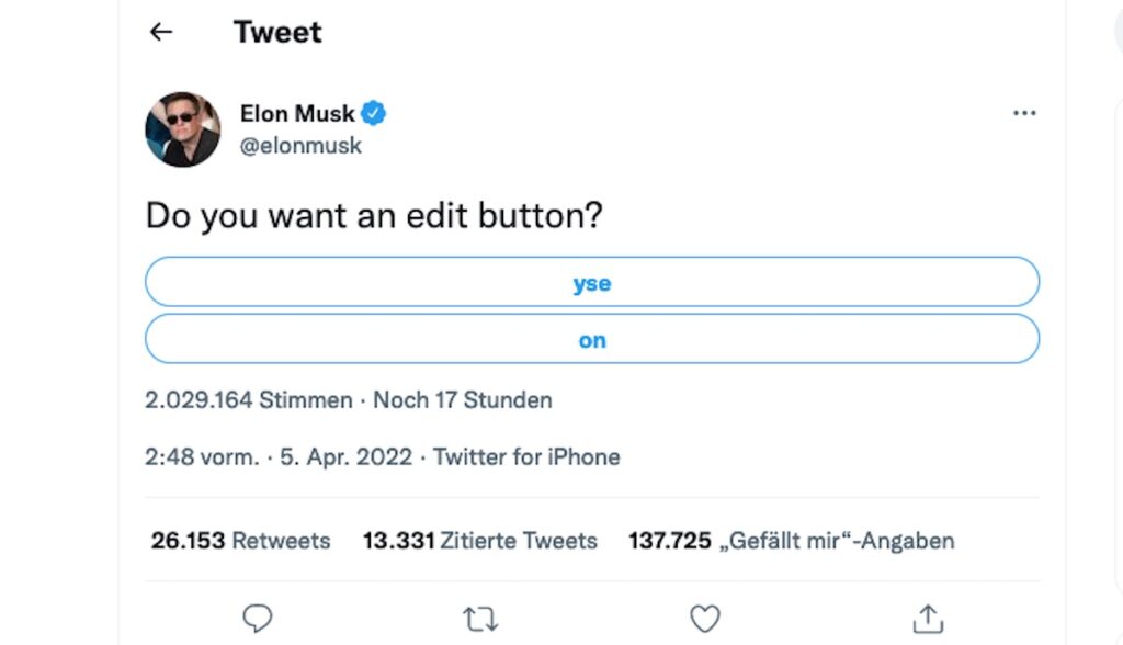 tesla ceo musk twiter abstimmung edit button