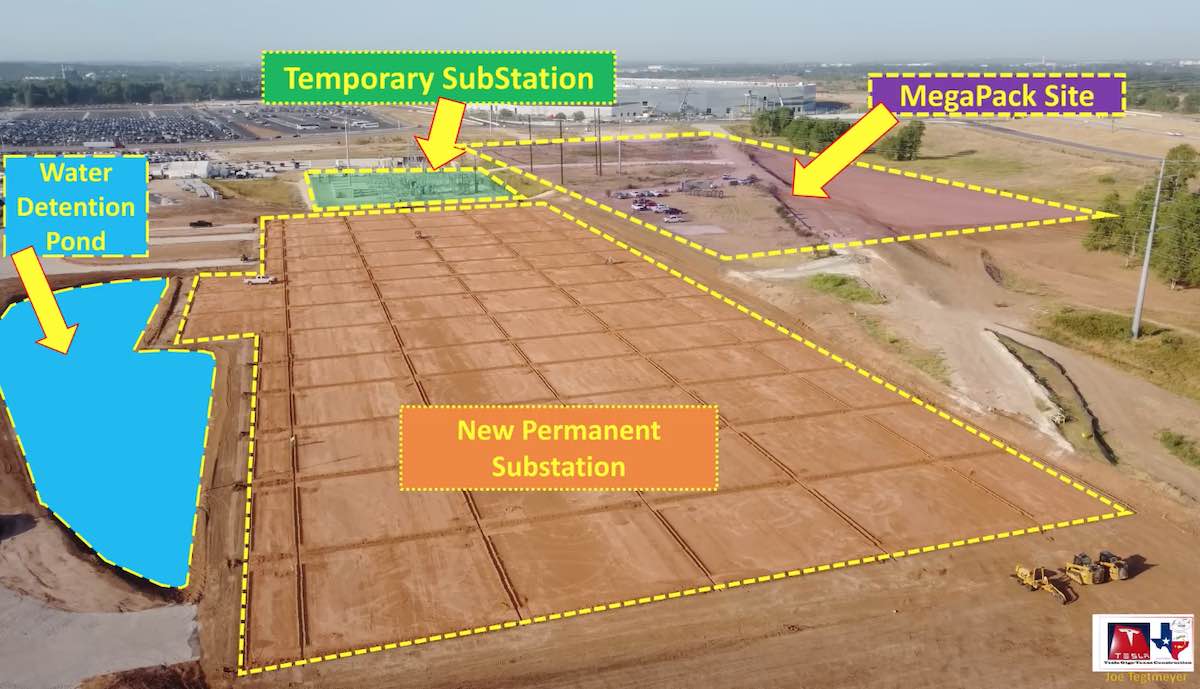 tesla giga texas drohne megapack substation plan