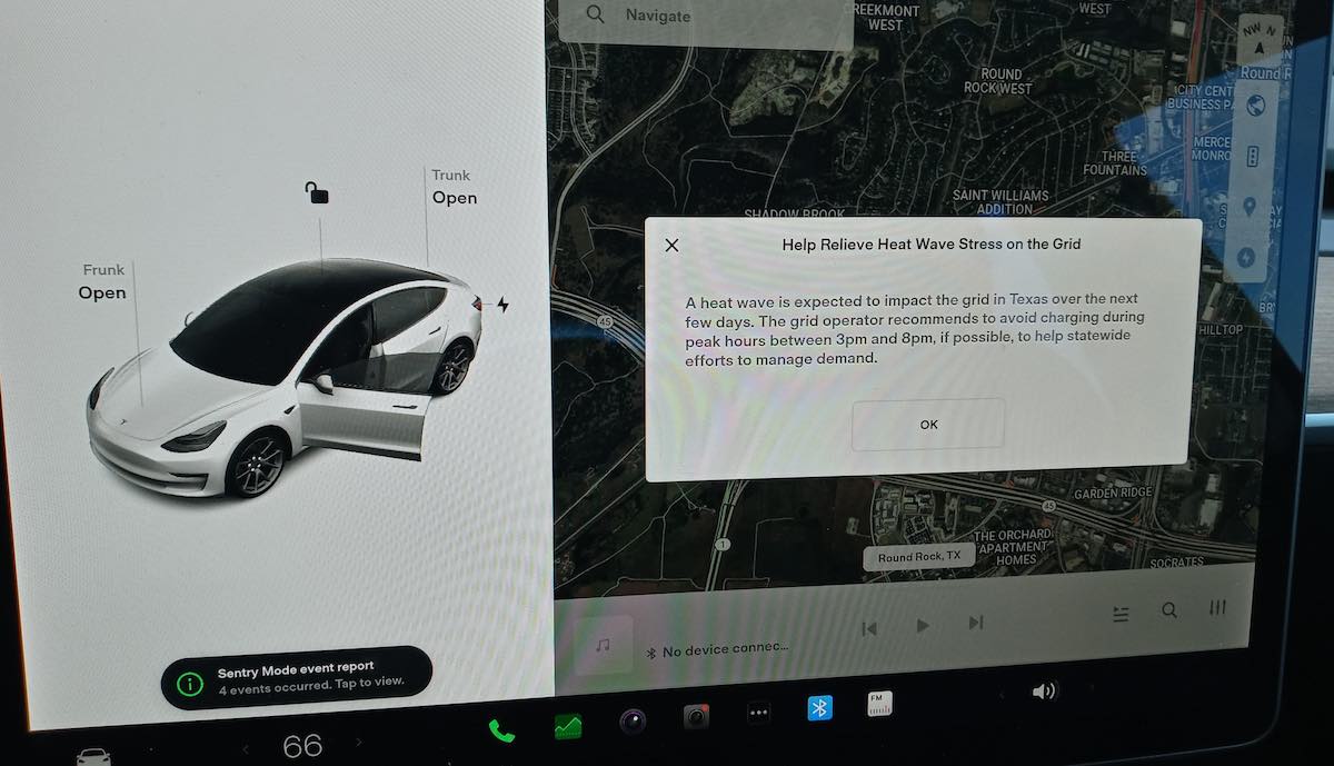 tesla model-3 bildschirm hinweis texas strom