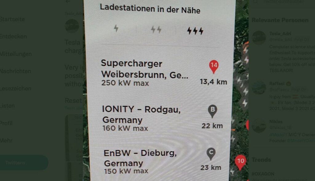tesla navigation bildschirm supercharger ionity enbw