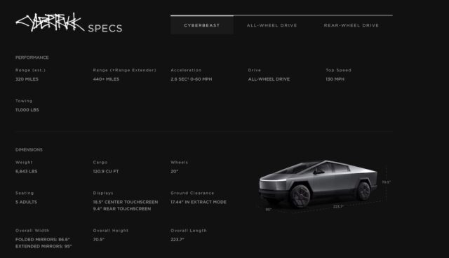 tesla website cyberruck specs cyberbeast nov 23